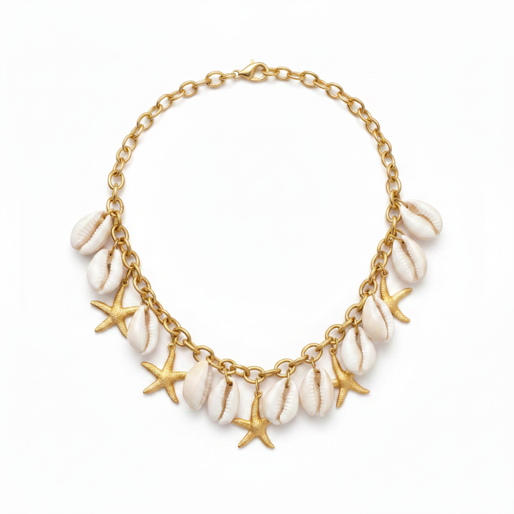 Collier coquillages fond blanc sans étoile sur fermoir