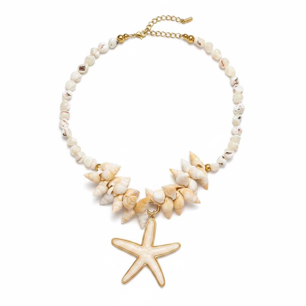 Collier coquillages étoile de mer fond blanc