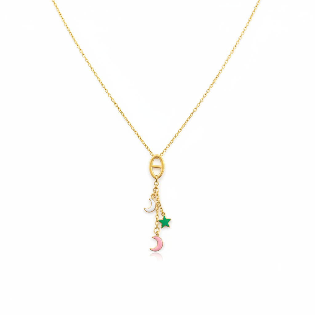 Collier lariat doré charms lune étoile fond blanc