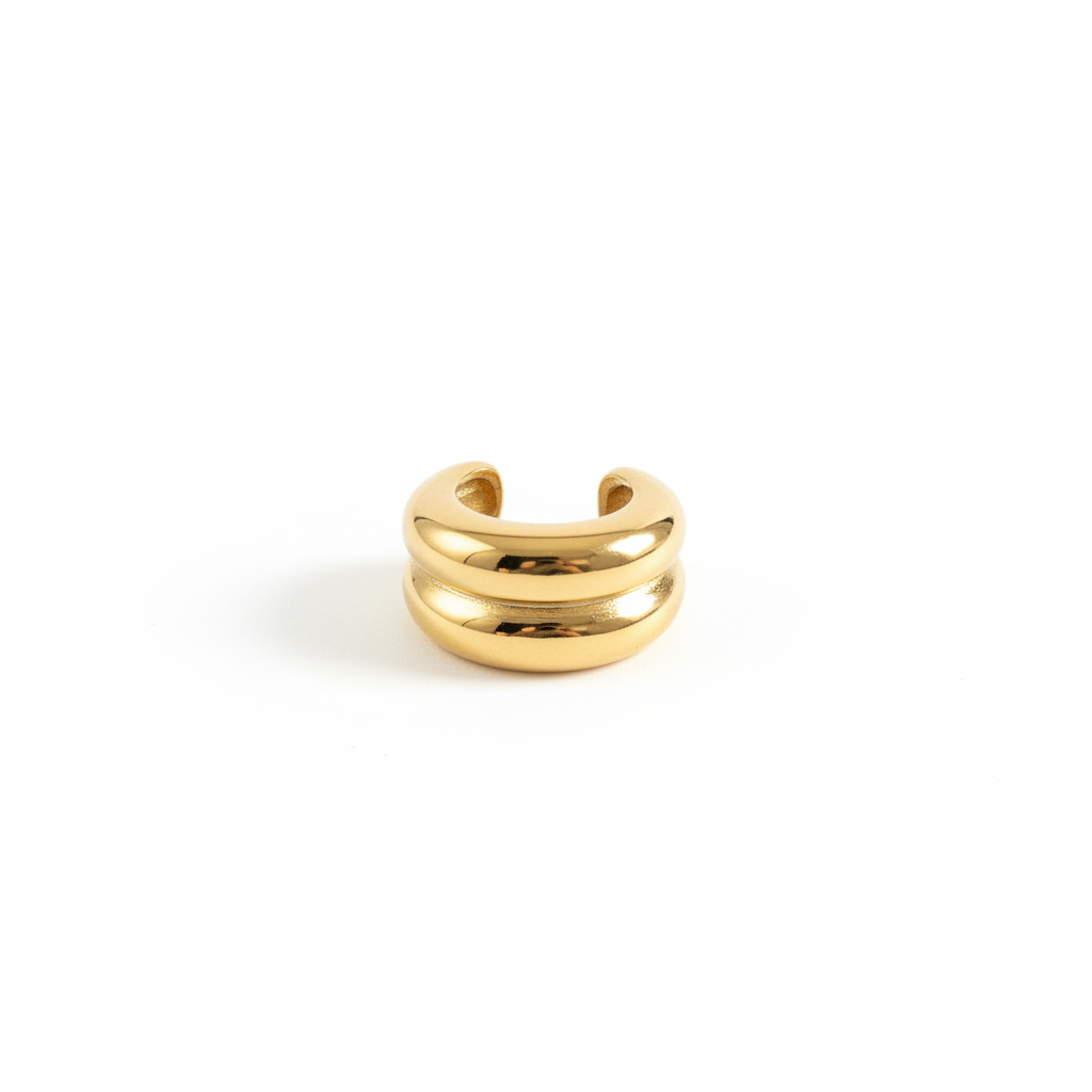 Ear cuff double bande dorée bombée fond blanc